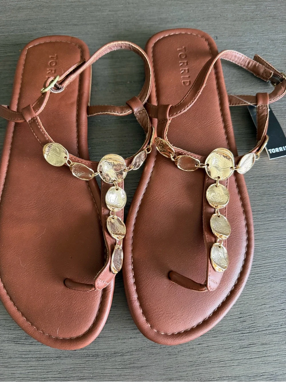 torrid Brown Leather T-Strap Sandals with Gold Coin Accents